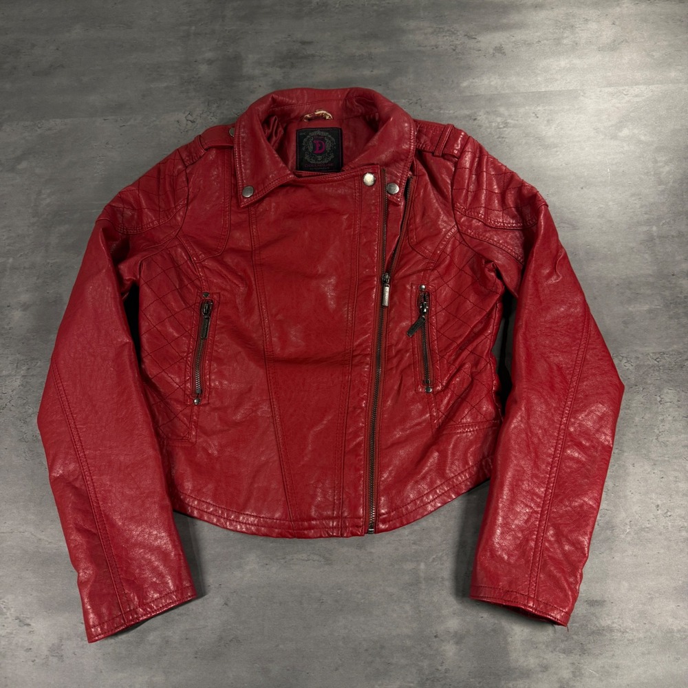 Dollhouse Moto Jacket Women M Red Faux Leather Leopard Lining Quilted Biker Zip
